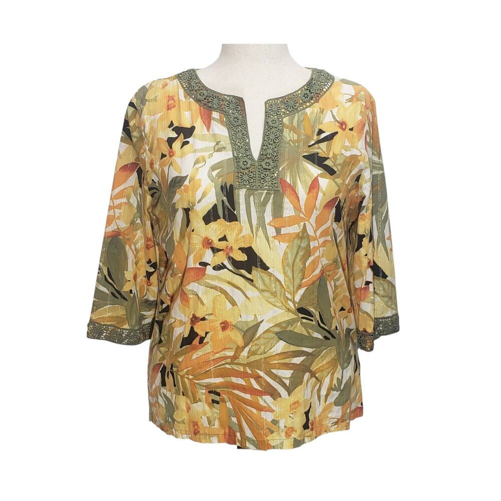 Alfred Dunner Womens 12 Botanical Print Top Coastal Grandmother Earthy Tunic